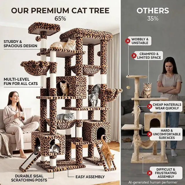 Alt view image 6 of 7 - 87 in Multi-Level Tall Cat Tree Tower for Large Cats/Extra Wide Feline Activity Center/Sisal Scratching Posts/Wide Base/Cozy Plush Perches/Baskets/Hammocks/Toy Balls/Leopard Print