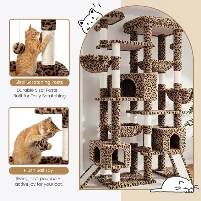 Alt view image 7 of 7 - 87 in Multi-Level Tall Cat Tree Tower for Large Cats/Extra Wide Feline Activity Center/Sisal Scratching Posts/Wide Base/Cozy Plush Perches/Baskets/Hammocks/Toy Balls/Leopard Print