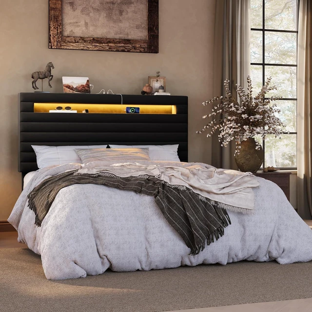 Main image of Full Bed Frame with LED Light & 2-Tier Storage Shelf, Velvet Upholstered Adjustable Headboard with Charing Station, Horizontal Channel Tufted, No Box Spring Needed, Easy Assembly, Black