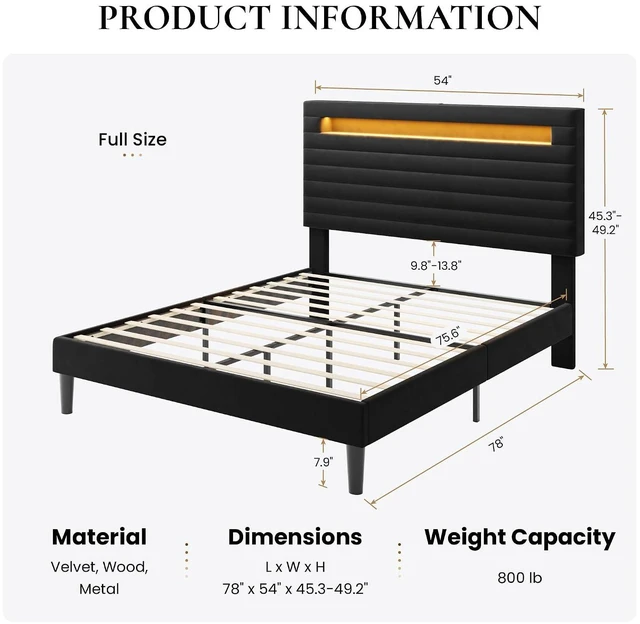 Alt view image 2 of 7 - Full Bed Frame with LED Light & 2-Tier Storage Shelf, Velvet Upholstered Adjustable Headboard with Charing Station, Horizontal Channel Tufted, No Box Spring Needed, Easy Assembly, Black