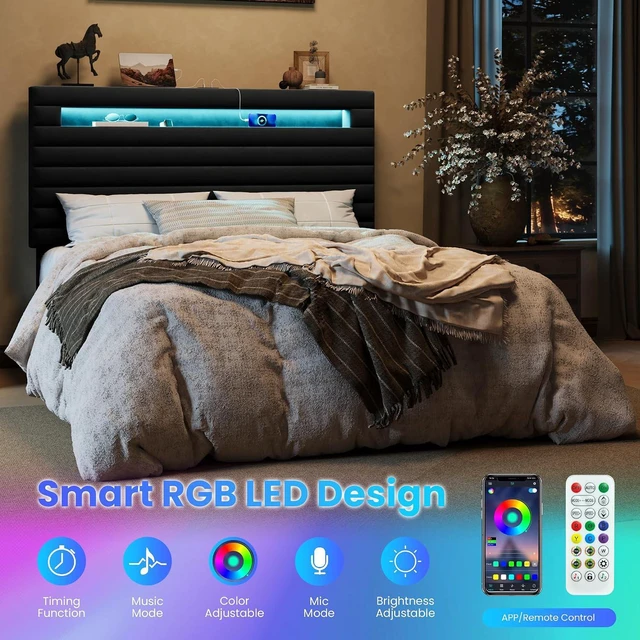 Alt view image 4 of 7 - Full Bed Frame with LED Light & 2-Tier Storage Shelf, Velvet Upholstered Adjustable Headboard with Charing Station, Horizontal Channel Tufted, No Box Spring Needed, Easy Assembly, Black