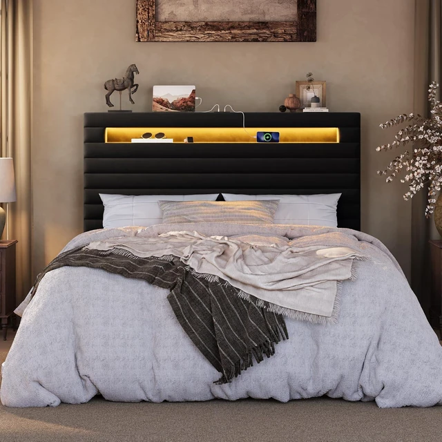 Alt view image 3 of 7 - Full Bed Frame with LED Light & 2-Tier Storage Shelf, Velvet Upholstered Adjustable Headboard with Charing Station, Horizontal Channel Tufted, No Box Spring Needed, Easy Assembly, Black