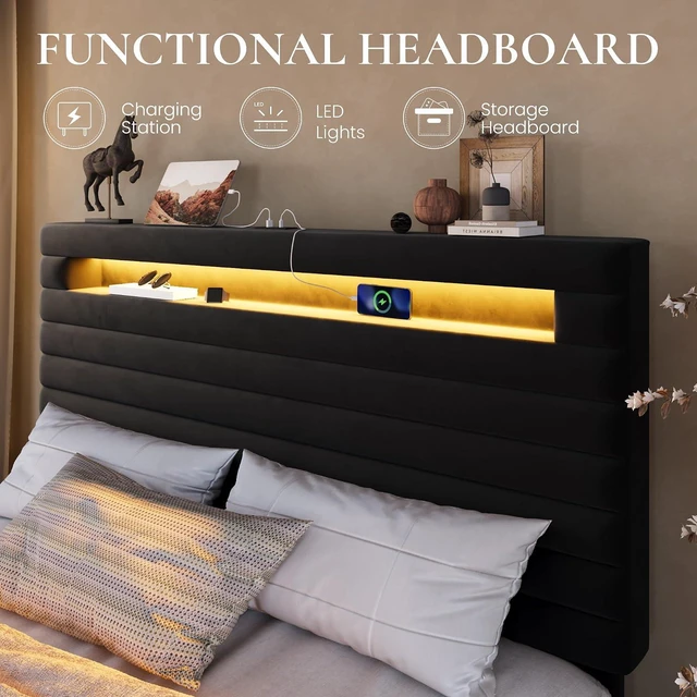 Alt view image 5 of 7 - Full Bed Frame with LED Light & 2-Tier Storage Shelf, Velvet Upholstered Adjustable Headboard with Charing Station, Horizontal Channel Tufted, No Box Spring Needed, Easy Assembly, Black