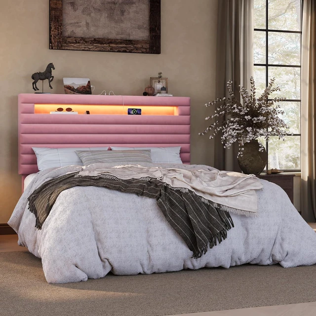 Main image of Queen Bed Frame with LED Light & 2-Tier Storage Shelf, Velvet Upholstered Adjustable Headboard with Charing Station, Horizontal Channel Tufted, No Box Spring Needed, Easy Assembly, Pink