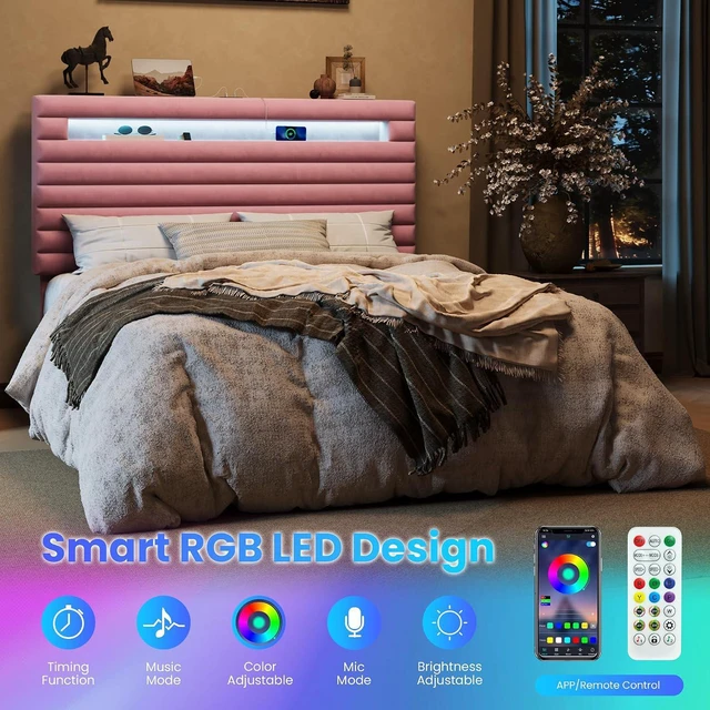 Alt view image 4 of 7 - Queen Bed Frame with LED Light & 2-Tier Storage Shelf, Velvet Upholstered Adjustable Headboard with Charing Station, Horizontal Channel Tufted, No Box Spring Needed, Easy Assembly, Pink