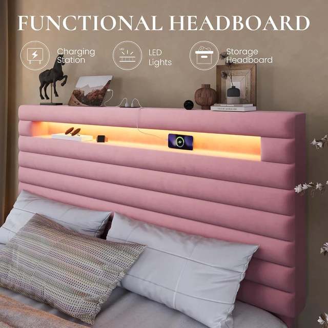 Alt view image 5 of 7 - Queen Bed Frame with LED Light & 2-Tier Storage Shelf, Velvet Upholstered Adjustable Headboard with Charing Station, Horizontal Channel Tufted, No Box Spring Needed, Easy Assembly, Pink