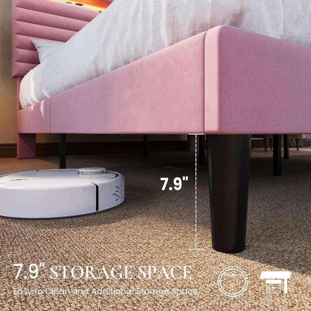 Alt view image 6 of 7 - Queen Bed Frame with LED Light & 2-Tier Storage Shelf, Velvet Upholstered Adjustable Headboard with Charing Station, Horizontal Channel Tufted, No Box Spring Needed, Easy Assembly, Pink