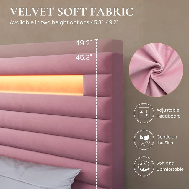 Alt view image 7 of 7 - Queen Bed Frame with LED Light & 2-Tier Storage Shelf, Velvet Upholstered Adjustable Headboard with Charing Station, Horizontal Channel Tufted, No Box Spring Needed, Easy Assembly, Pink