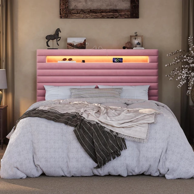Alt view image 3 of 7 - Full Bed Frame with LED Light & 2-Tier Storage Shelf, Velvet Upholstered Adjustable Headboard with Charing Station, Horizontal Channel Tufted, No Box Spring Needed, Easy Assembly, Pink