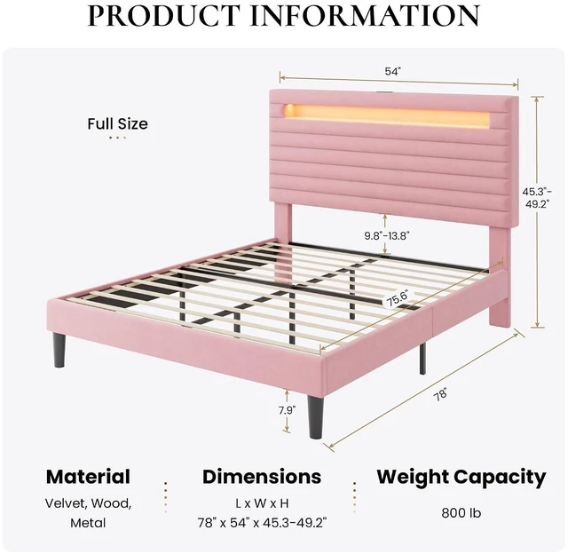 Alt view image 2 of 7 - Full Bed Frame with LED Light & 2-Tier Storage Shelf, Velvet Upholstered Adjustable Headboard with Charing Station, Horizontal Channel Tufted, No Box Spring Needed, Easy Assembly, Pink