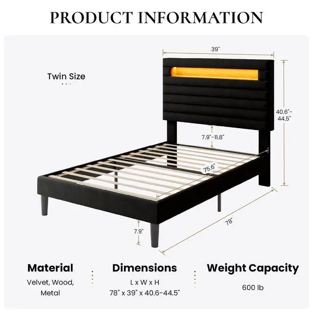 Alt view image 2 of 7 - Twin Bed Frame with LED Light & 2-Tier Storage Shelf, Velvet Upholstered Adjustable Headboard with Charing Station, Horizontal Channel Tufted, No Box Spring Needed, Easy Assembly, Black