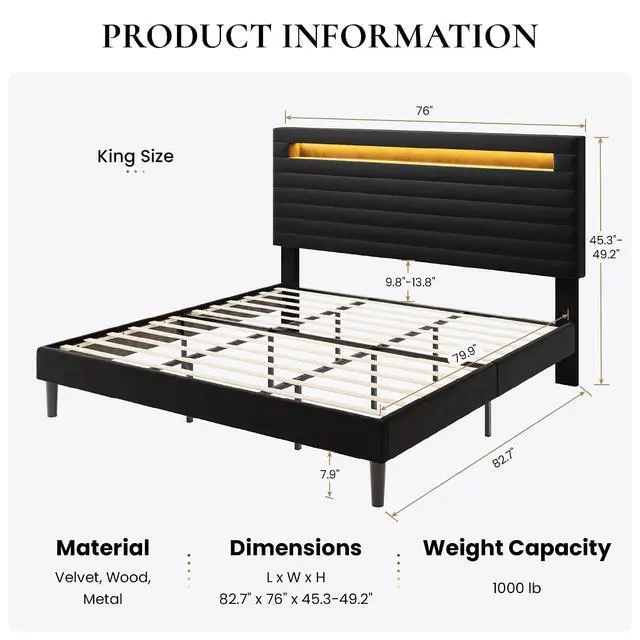 Alt view image 2 of 7 - King Bed Frame with LED Light & 2-Tier Storage Shelf, Velvet Upholstered Adjustable Headboard with Charing Station, Horizontal Channel Tufted, No Box Spring Needed, Easy Assembly, Black
