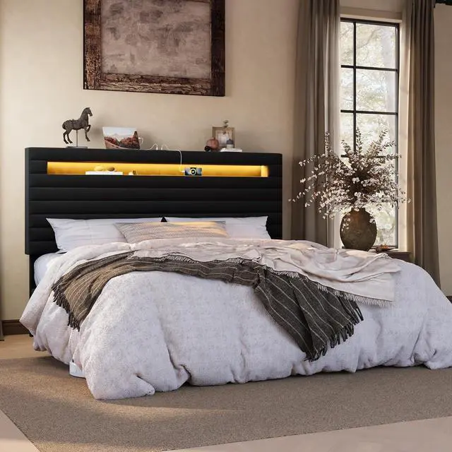 Main image of King Bed Frame with LED Light & 2-Tier Storage Shelf, Velvet Upholstered Adjustable Headboard with Charing Station, Horizontal Channel Tufted, No Box Spring Needed, Easy Assembly, Black