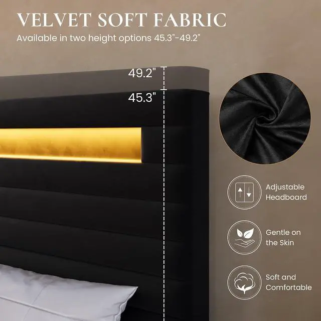 Alt view image 7 of 7 - King Bed Frame with LED Light & 2-Tier Storage Shelf, Velvet Upholstered Adjustable Headboard with Charing Station, Horizontal Channel Tufted, No Box Spring Needed, Easy Assembly, Black