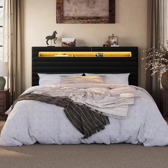 Alt view image 3 of 7 - King Bed Frame with LED Light & 2-Tier Storage Shelf, Velvet Upholstered Adjustable Headboard with Charing Station, Horizontal Channel Tufted, No Box Spring Needed, Easy Assembly, Black