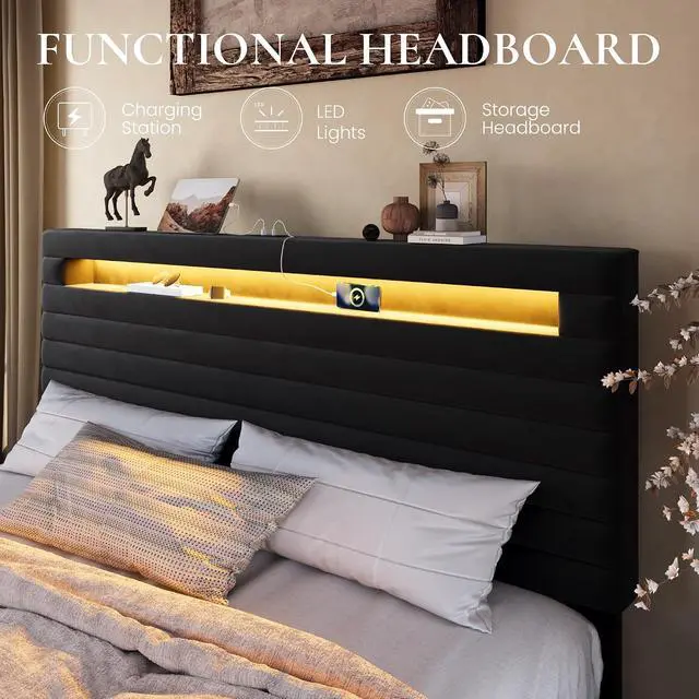 Alt view image 5 of 7 - King Bed Frame with LED Light & 2-Tier Storage Shelf, Velvet Upholstered Adjustable Headboard with Charing Station, Horizontal Channel Tufted, No Box Spring Needed, Easy Assembly, Black