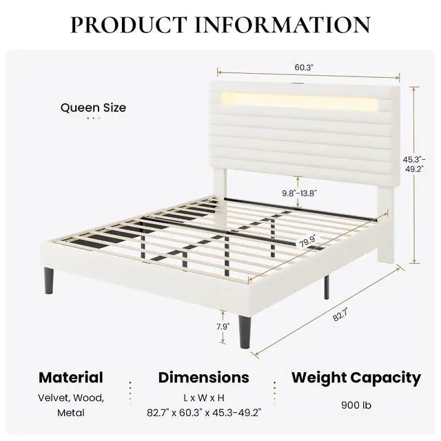 Alt view image 2 of 7 - Queen Bed Frame with LED Light & 2-Tier Storage Shelf, Velvet Upholstered Adjustable Headboard with Charing Station, Horizontal Channel Tufted, No Box Spring Needed, Easy Assembly, White
