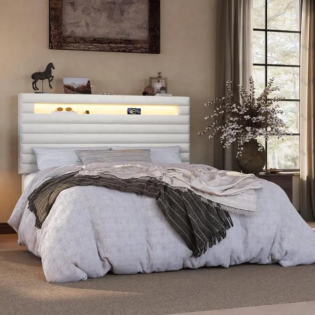 Main image of Queen Bed Frame with LED Light & 2-Tier Storage Shelf, Velvet Upholstered Adjustable Headboard with Charing Station, Horizontal Channel Tufted, No Box Spring Needed, Easy Assembly, White