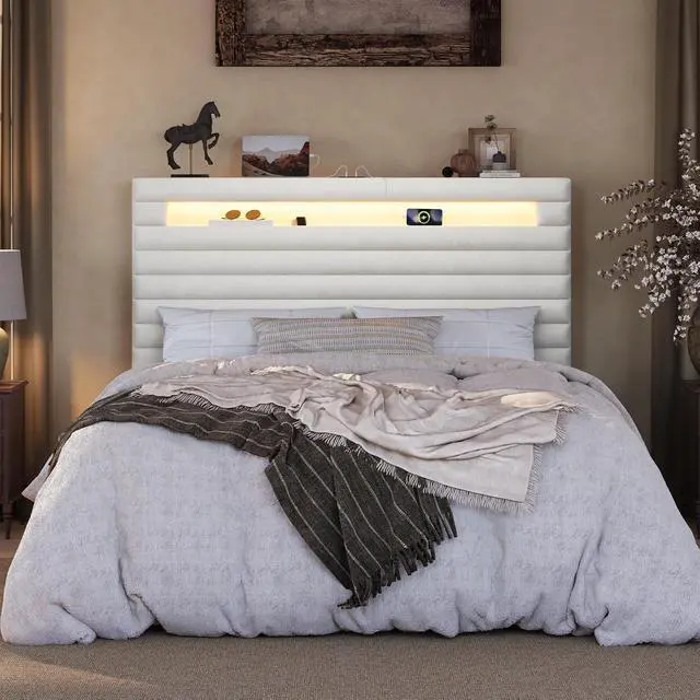 Alt view image 3 of 7 - Queen Bed Frame with LED Light & 2-Tier Storage Shelf, Velvet Upholstered Adjustable Headboard with Charing Station, Horizontal Channel Tufted, No Box Spring Needed, Easy Assembly, White