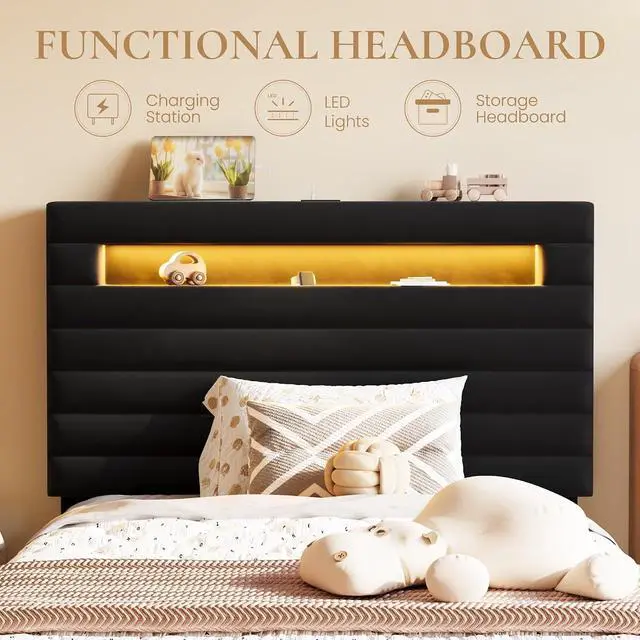 Alt view image 5 of 7 - Twin Bed Frame with LED Light & 2-Tier Storage Shelf, Velvet Upholstered Adjustable Headboard with Charing Station, Horizontal Channel Tufted, No Box Spring Needed, Easy Assembly, Black