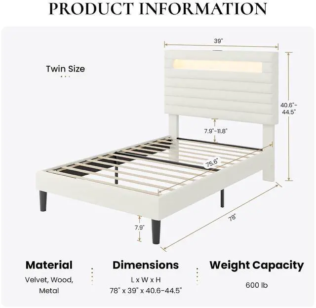 Alt view image 2 of 7 - Twin Bed Frame with LED Light & 2-Tier Storage Shelf, Velvet Upholstered Adjustable Headboard with Charing Station, Horizontal Channel Tufted, No Box Spring Needed, Easy Assembly, White