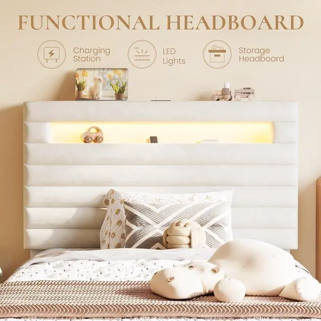 Alt view image 5 of 7 - Twin Bed Frame with LED Light & 2-Tier Storage Shelf, Velvet Upholstered Adjustable Headboard with Charing Station, Horizontal Channel Tufted, No Box Spring Needed, Easy Assembly, White