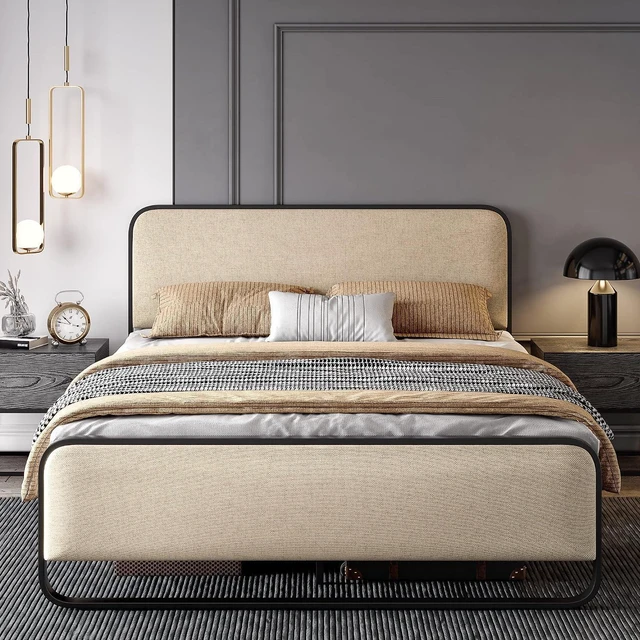 Main image of Full Size Platform Metal Bed Frame with Curved Upholstered Headboard and Footboard, Large Under Bed Storage, No Box Spring Needed, Modern, Beige