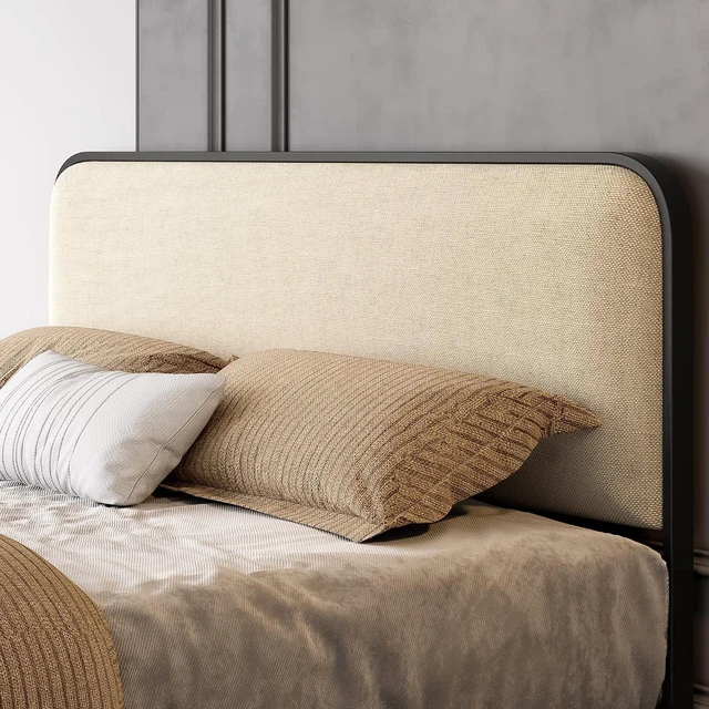 Alt view image 4 of 5 - Full Size Platform Metal Bed Frame with Curved Upholstered Headboard and Footboard, Large Under Bed Storage, No Box Spring Needed, Modern, Beige