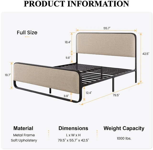 Alt view image 5 of 5 - Full Size Platform Metal Bed Frame with Curved Upholstered Headboard and Footboard, Large Under Bed Storage, No Box Spring Needed, Modern, Beige