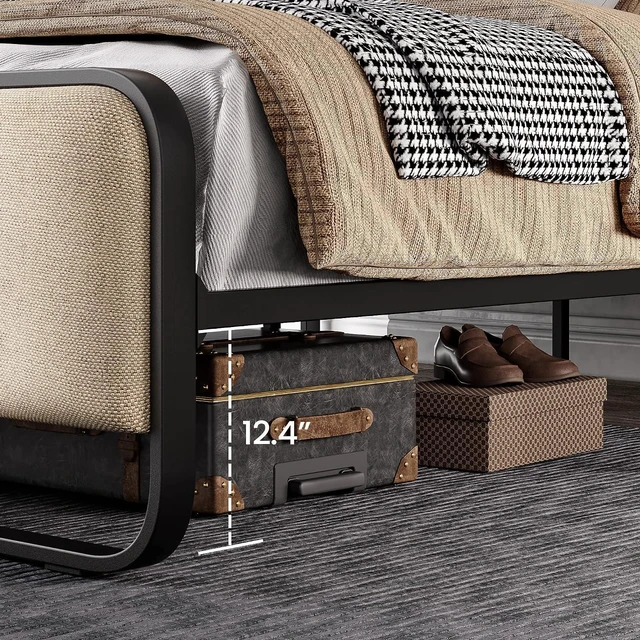Alt view image 2 of 5 - Full Size Platform Metal Bed Frame with Curved Upholstered Headboard and Footboard, Large Under Bed Storage, No Box Spring Needed, Modern, Beige