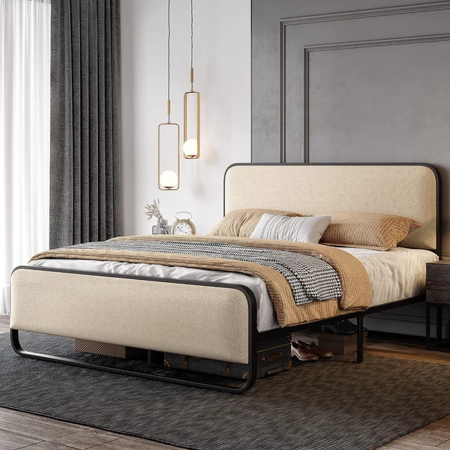 Alt view image 3 of 5 - Full Size Platform Metal Bed Frame with Curved Upholstered Headboard and Footboard, Large Under Bed Storage, No Box Spring Needed, Modern, Beige