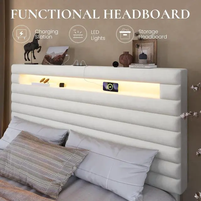 Alt view image 5 of 7 - Queen Bed Frame with LED Light & 2-Tier Storage Shelf, Velvet Upholstered Adjustable Headboard with Charing Station, Horizontal Channel Tufted, No Box Spring Needed, Easy Assembly, White