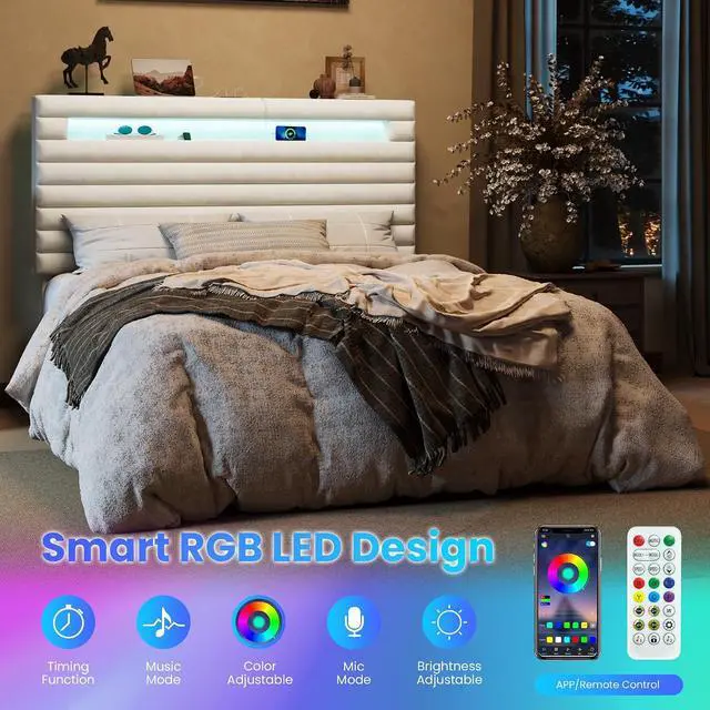 Alt view image 4 of 7 - Queen Bed Frame with LED Light & 2-Tier Storage Shelf, Velvet Upholstered Adjustable Headboard with Charing Station, Horizontal Channel Tufted, No Box Spring Needed, Easy Assembly, White