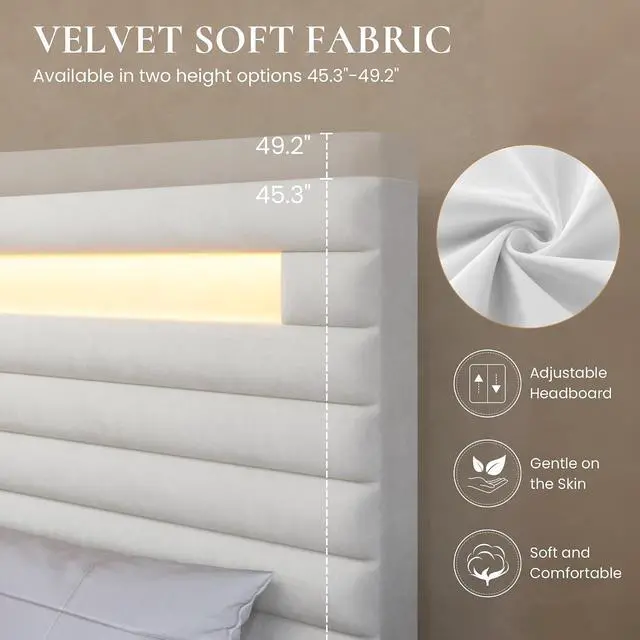 Alt view image 7 of 7 - Queen Bed Frame with LED Light & 2-Tier Storage Shelf, Velvet Upholstered Adjustable Headboard with Charing Station, Horizontal Channel Tufted, No Box Spring Needed, Easy Assembly, White