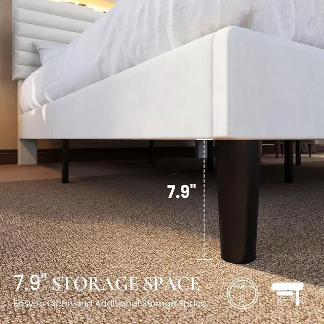Alt view image 6 of 7 - Queen Bed Frame with LED Light & 2-Tier Storage Shelf, Velvet Upholstered Adjustable Headboard with Charing Station, Horizontal Channel Tufted, No Box Spring Needed, Easy Assembly, White