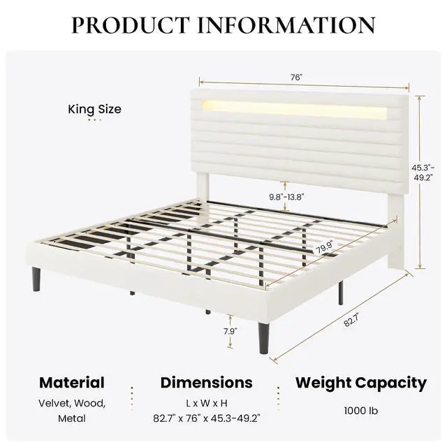 Alt view image 2 of 7 - King Bed Frame with LED Light & 2-Tier Storage Shelf, Velvet Upholstered Adjustable Headboard with Charing Station, Horizontal Channel Tufted, No Box Spring Needed, Easy Assembly, White