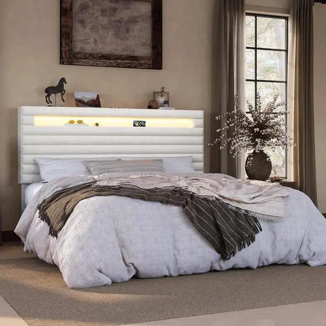 Main image of King Bed Frame with LED Light & 2-Tier Storage Shelf, Velvet Upholstered Adjustable Headboard with Charing Station, Horizontal Channel Tufted, No Box Spring Needed, Easy Assembly, White