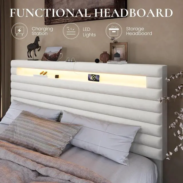 Alt view image 5 of 7 - King Bed Frame with LED Light & 2-Tier Storage Shelf, Velvet Upholstered Adjustable Headboard with Charing Station, Horizontal Channel Tufted, No Box Spring Needed, Easy Assembly, White