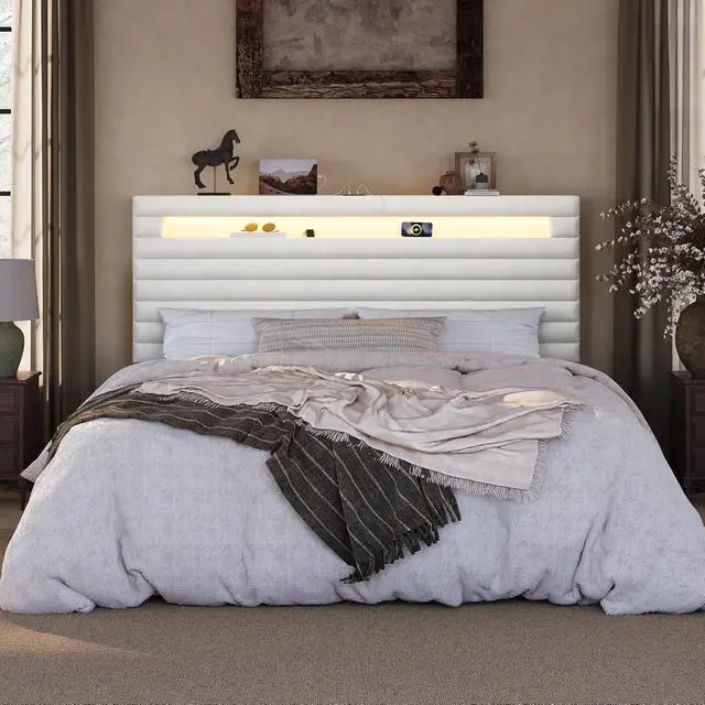 Alt view image 3 of 7 - King Bed Frame with LED Light & 2-Tier Storage Shelf, Velvet Upholstered Adjustable Headboard with Charing Station, Horizontal Channel Tufted, No Box Spring Needed, Easy Assembly, White
