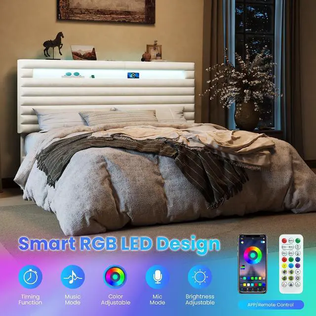 Alt view image 4 of 7 - King Bed Frame with LED Light & 2-Tier Storage Shelf, Velvet Upholstered Adjustable Headboard with Charing Station, Horizontal Channel Tufted, No Box Spring Needed, Easy Assembly, White