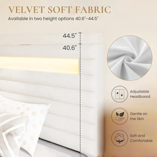 Alt view image 7 of 7 - Twin Bed Frame with LED Light & 2-Tier Storage Shelf, Velvet Upholstered Adjustable Headboard with Charing Station, Horizontal Channel Tufted, No Box Spring Needed, Easy Assembly, White