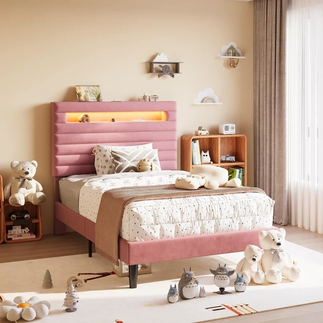 Main image of Twin Bed Frame with LED Light & 2-Tier Storage Shelf, Velvet Upholstered Adjustable Headboard with Charing Station, Horizontal Channel Tufted, No Box Spring Needed, Easy Assembly, Pink
