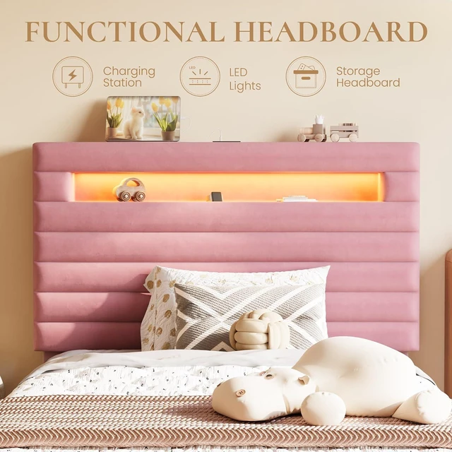 Alt view image 5 of 7 - Twin Bed Frame with LED Light & 2-Tier Storage Shelf, Velvet Upholstered Adjustable Headboard with Charing Station, Horizontal Channel Tufted, No Box Spring Needed, Easy Assembly, Pink