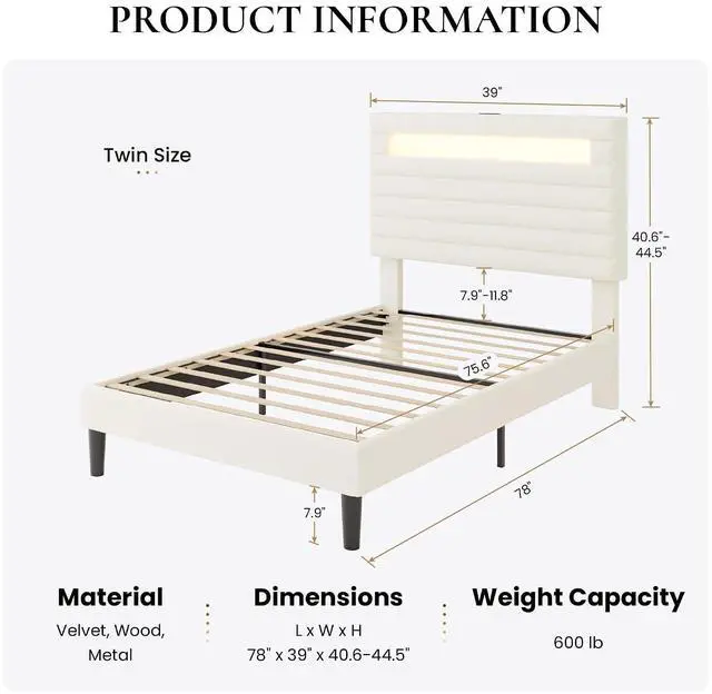 Alt view image 2 of 7 - Twin Bed Frame with LED Light & 2-Tier Storage Shelf, Velvet Upholstered Adjustable Headboard with Charing Station, Horizontal Channel Tufted, No Box Spring Needed, Easy Assembly, Cream