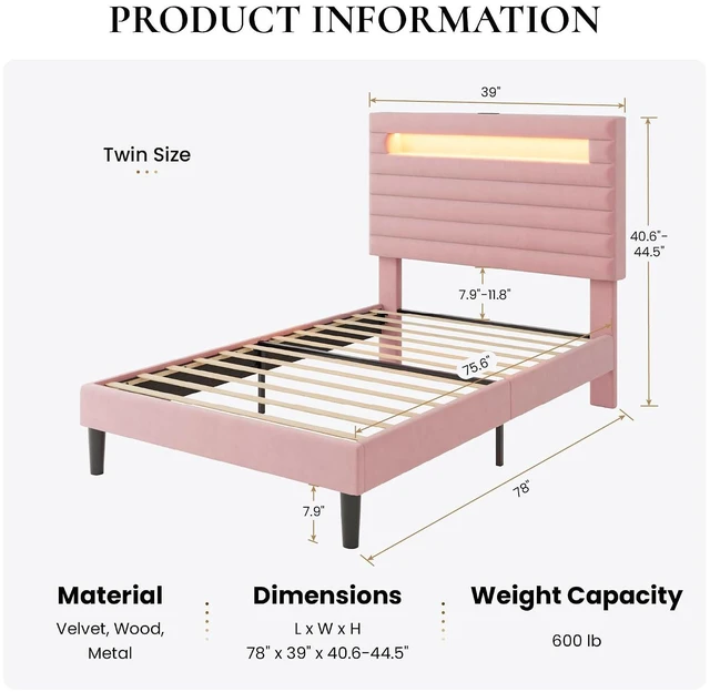 Alt view image 2 of 7 - Twin Bed Frame with LED Light & 2-Tier Storage Shelf, Velvet Upholstered Adjustable Headboard with Charing Station, Horizontal Channel Tufted, No Box Spring Needed, Easy Assembly, Pink