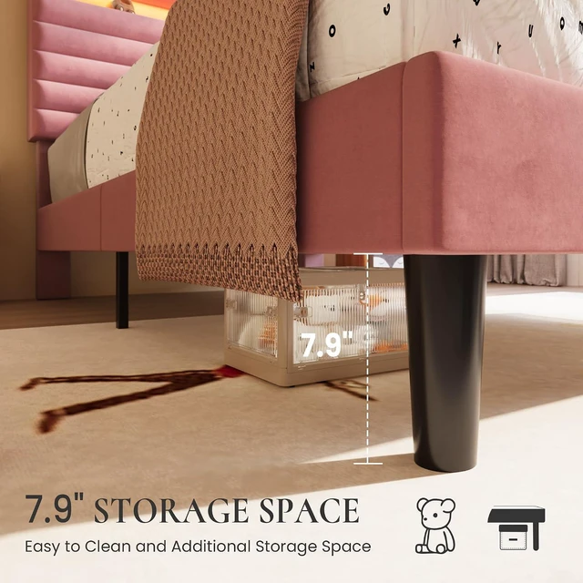 Alt view image 6 of 7 - Twin Bed Frame with LED Light & 2-Tier Storage Shelf, Velvet Upholstered Adjustable Headboard with Charing Station, Horizontal Channel Tufted, No Box Spring Needed, Easy Assembly, Pink