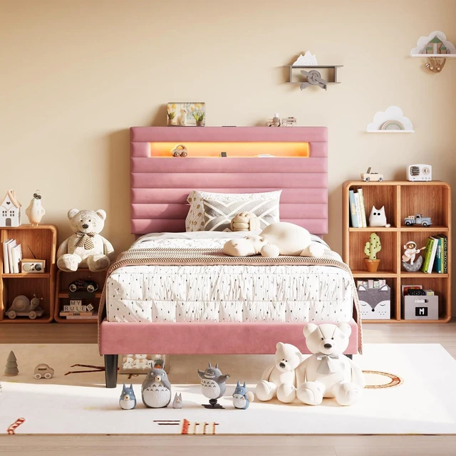 Alt view image 3 of 7 - Twin Bed Frame with LED Light & 2-Tier Storage Shelf, Velvet Upholstered Adjustable Headboard with Charing Station, Horizontal Channel Tufted, No Box Spring Needed, Easy Assembly, Pink