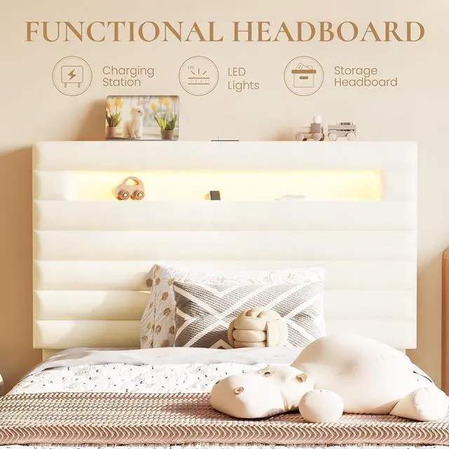 Alt view image 5 of 7 - Twin Bed Frame with LED Light & 2-Tier Storage Shelf, Velvet Upholstered Adjustable Headboard with Charing Station, Horizontal Channel Tufted, No Box Spring Needed, Easy Assembly, Cream