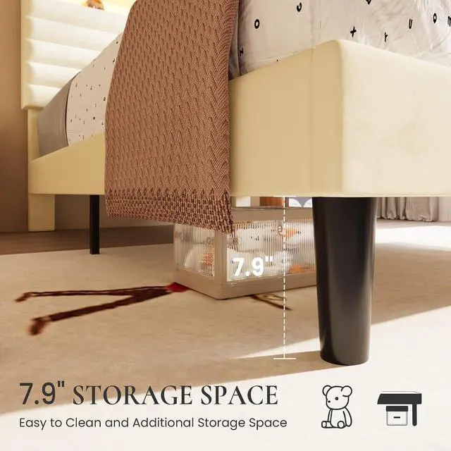 Alt view image 6 of 7 - Twin Bed Frame with LED Light & 2-Tier Storage Shelf, Velvet Upholstered Adjustable Headboard with Charing Station, Horizontal Channel Tufted, No Box Spring Needed, Easy Assembly, Cream