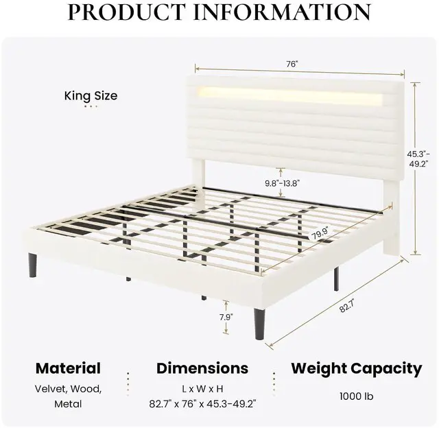 Alt view image 2 of 7 - King Bed Frame with LED Light & 2-Tier Storage Shelf, Velvet Upholstered Adjustable Headboard with Charing Station, Horizontal Channel Tufted, No Box Spring Needed, Easy Assembly, Cream